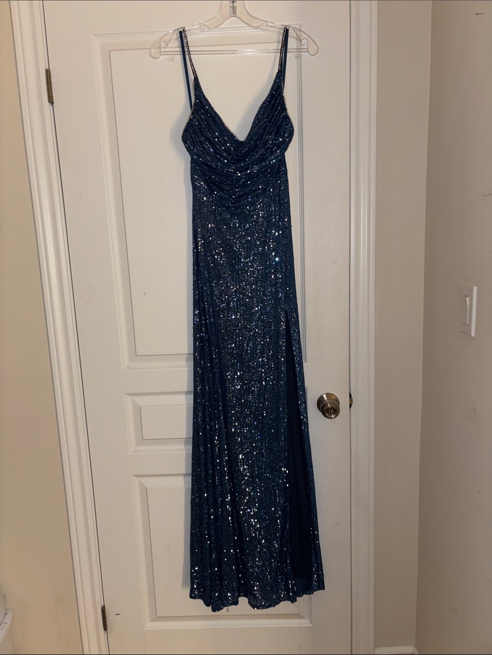Midnight Blue Sequined Spaghetti-Strap Prom Dress